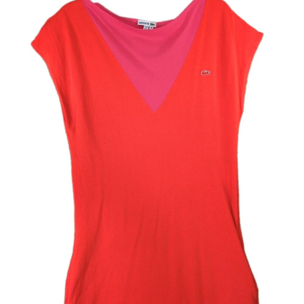 Vintage Lacoste Dress Women’s 36 Red Pink Color Block Cotton 80s Logo Cap Sleeve - Picture 4 of 9